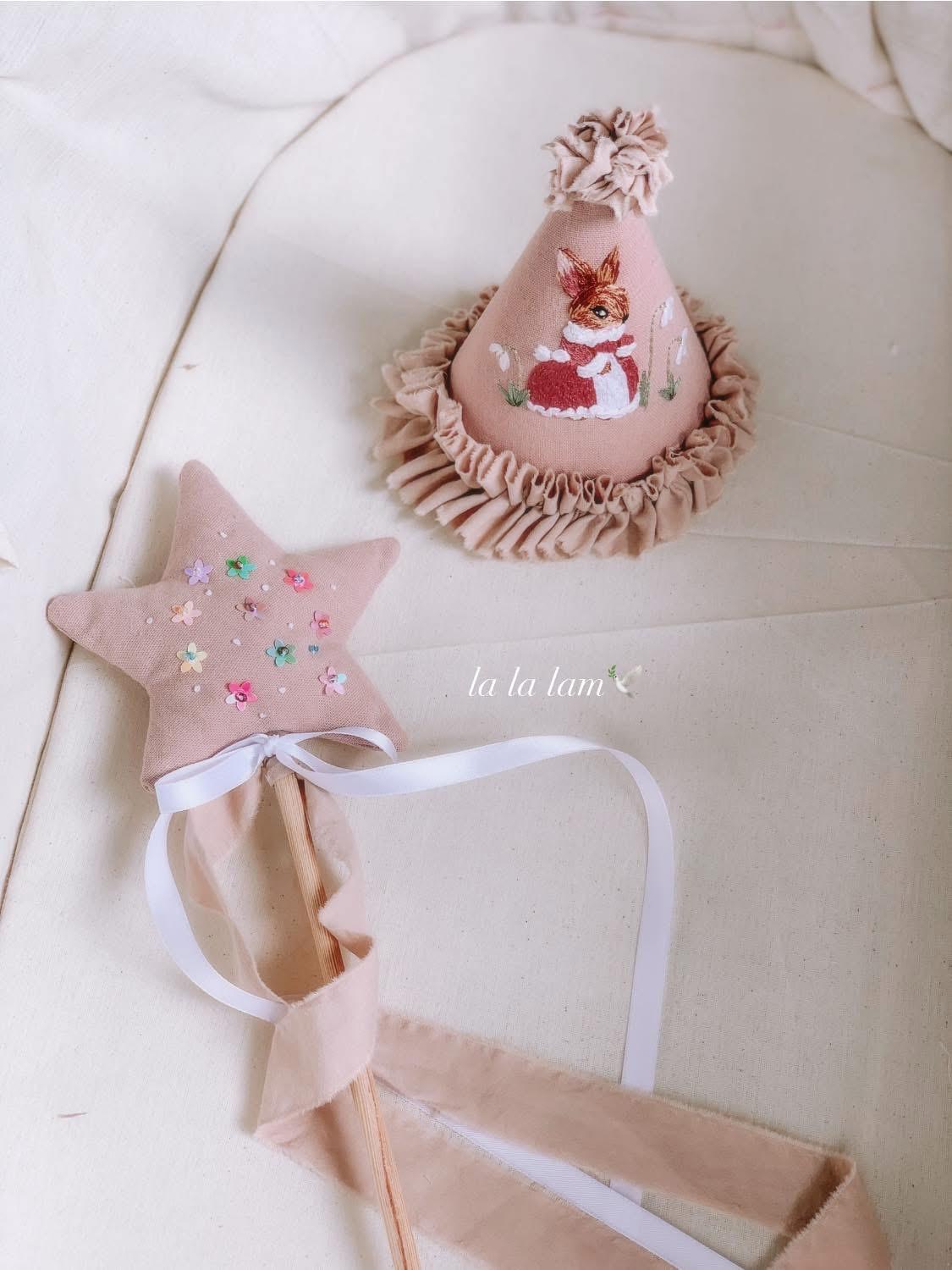Personalized Baby Girl Gift Set: Embroidered Bunny, Birthday Hat, Fairy Wand