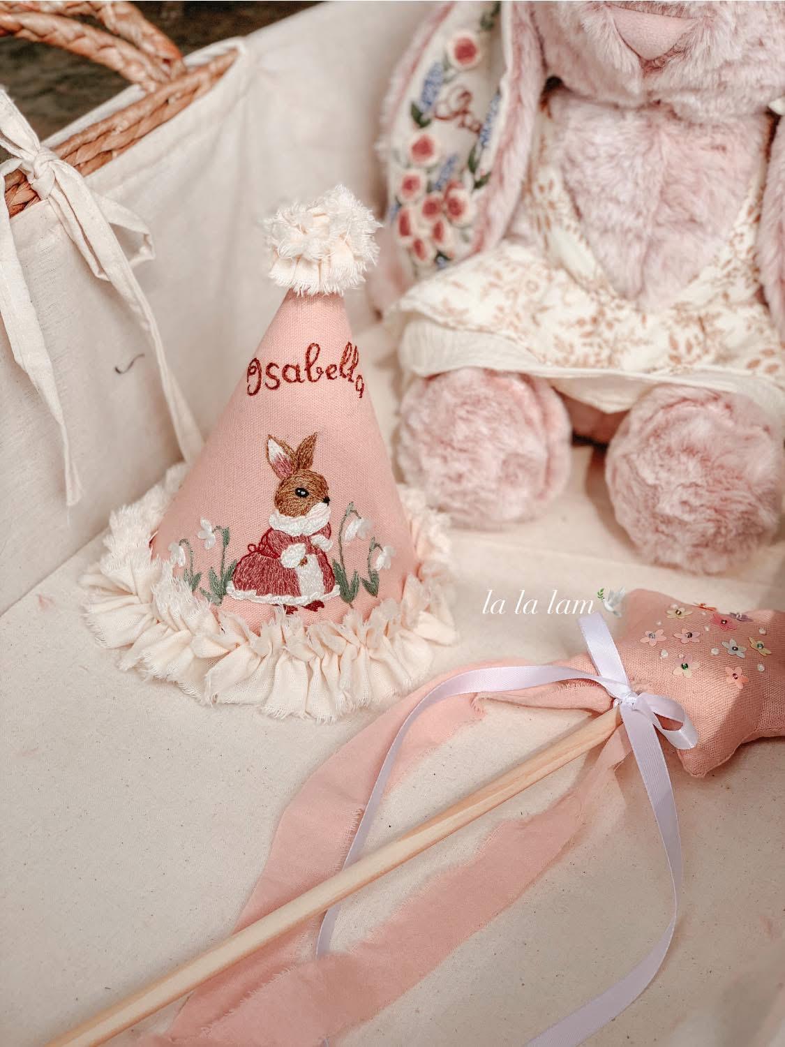 Personalized Baby Girl Gift Set: Embroidered Bunny, Birthday Hat, Fairy Wand