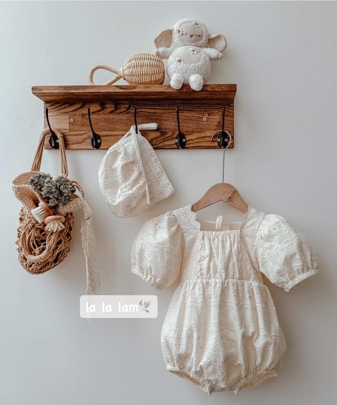 Handmade Eyelet Lace Baby Romper Set with Bonnet: Vintage Style Cotton Outfit