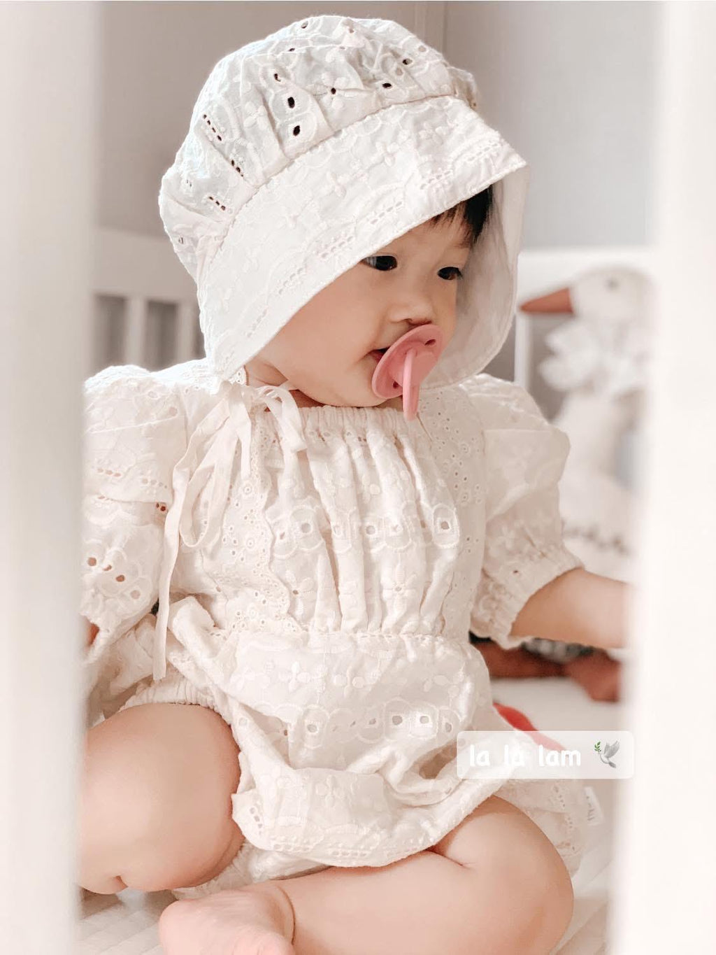 Handmade Eyelet Lace Baby Romper Set with Bonnet: Vintage Style Cotton Outfit