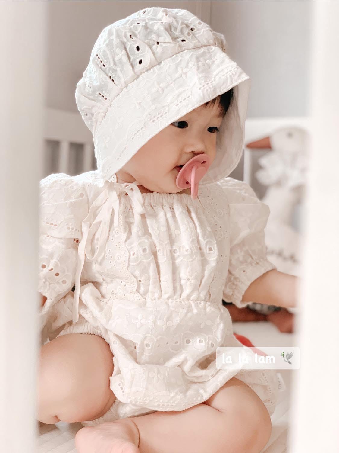 Handmade Eyelet Lace Baby Romper Set with Bonnet: Vintage Style Cotton Outfit