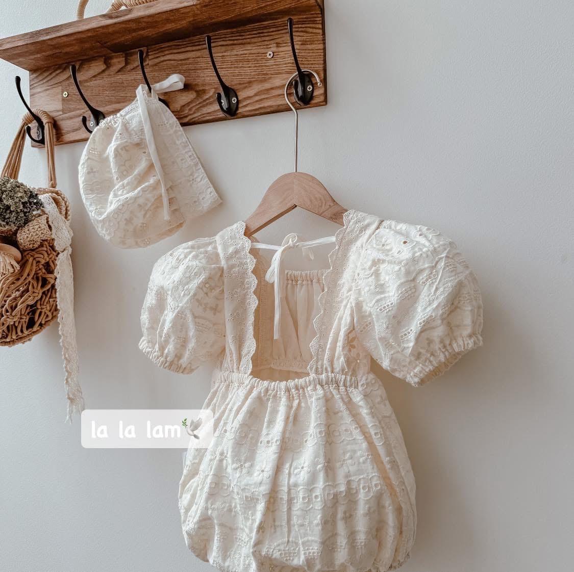 Handmade Eyelet Lace Baby Romper Set with Bonnet: Vintage Style Cotton Outfit