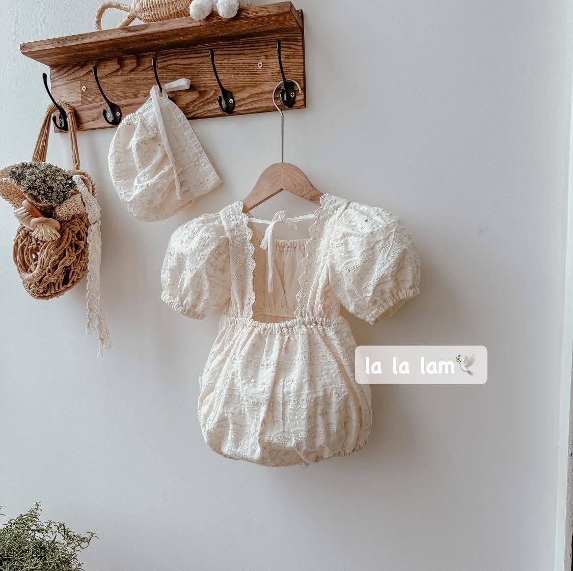 Handmade Eyelet Lace Baby Romper Set with Bonnet: Vintage Style Cotton Outfit