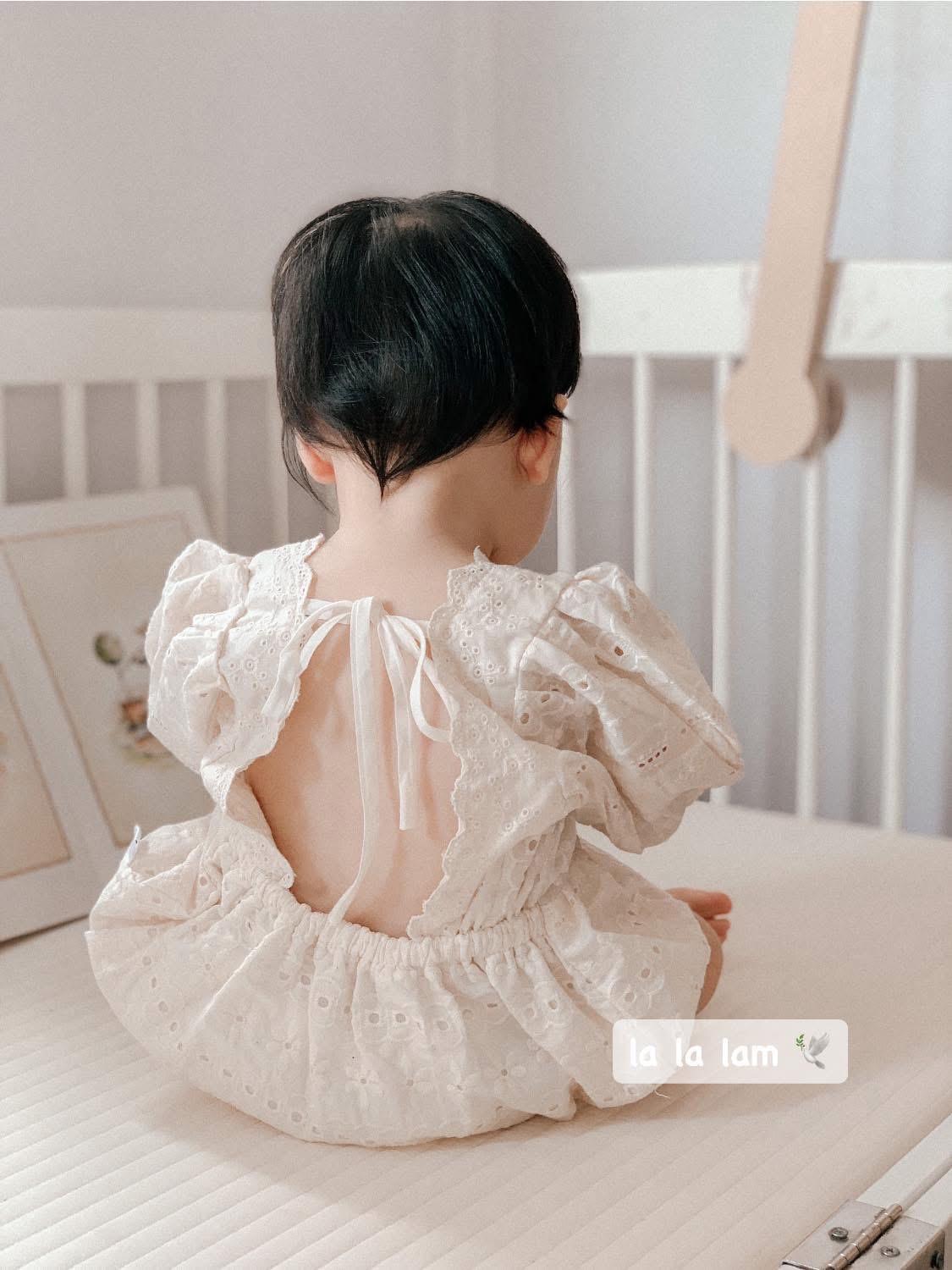 Handmade Eyelet Lace Baby Romper Set with Bonnet: Vintage Style Cotton Outfit