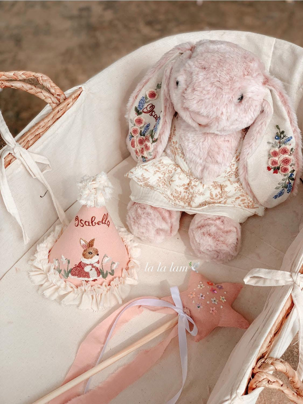 Personalized Baby Girl Gift Set: Embroidered Bunny, Birthday Hat, Fairy Wand