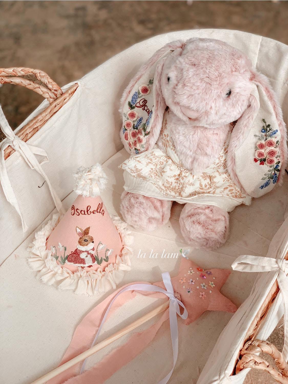 Personalized Baby Girl Gift Set: Embroidered Bunny, Birthday Hat, Fairy Wand