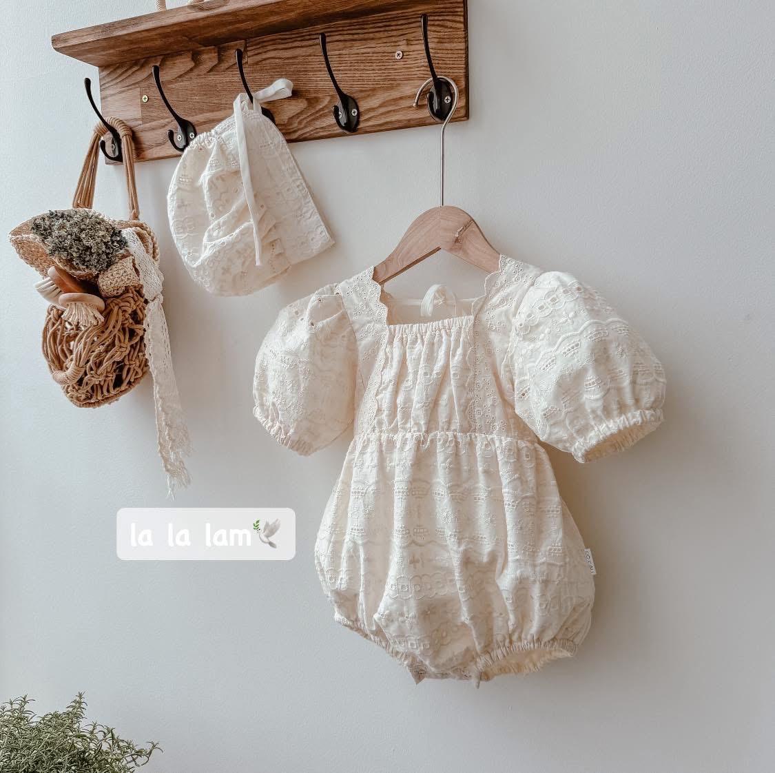 Handmade Eyelet Lace Baby Romper Set with Bonnet: Vintage Style Cotton Outfit
