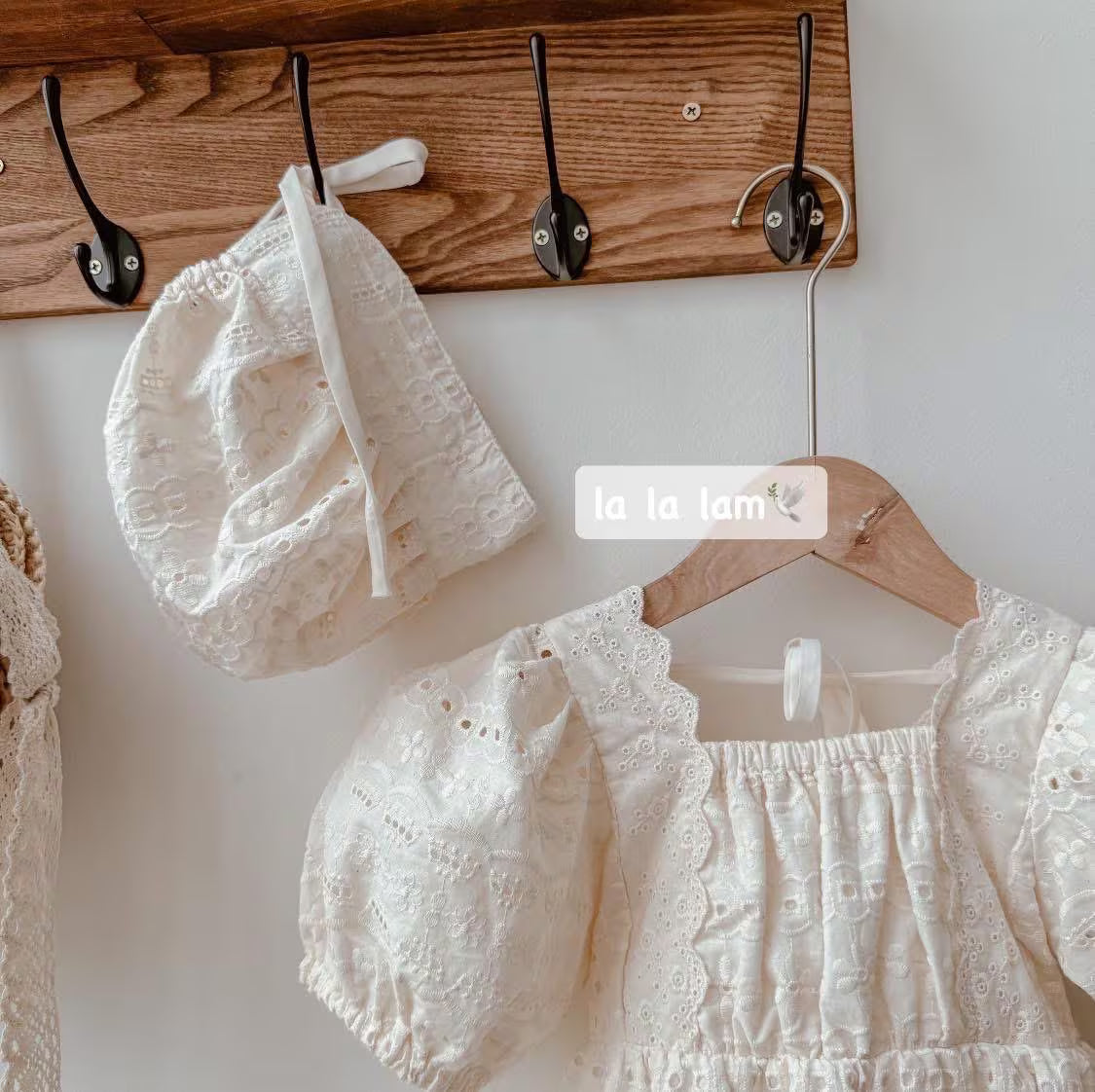 Handmade Eyelet Lace Baby Romper Set with Bonnet: Vintage Style Cotton Outfit