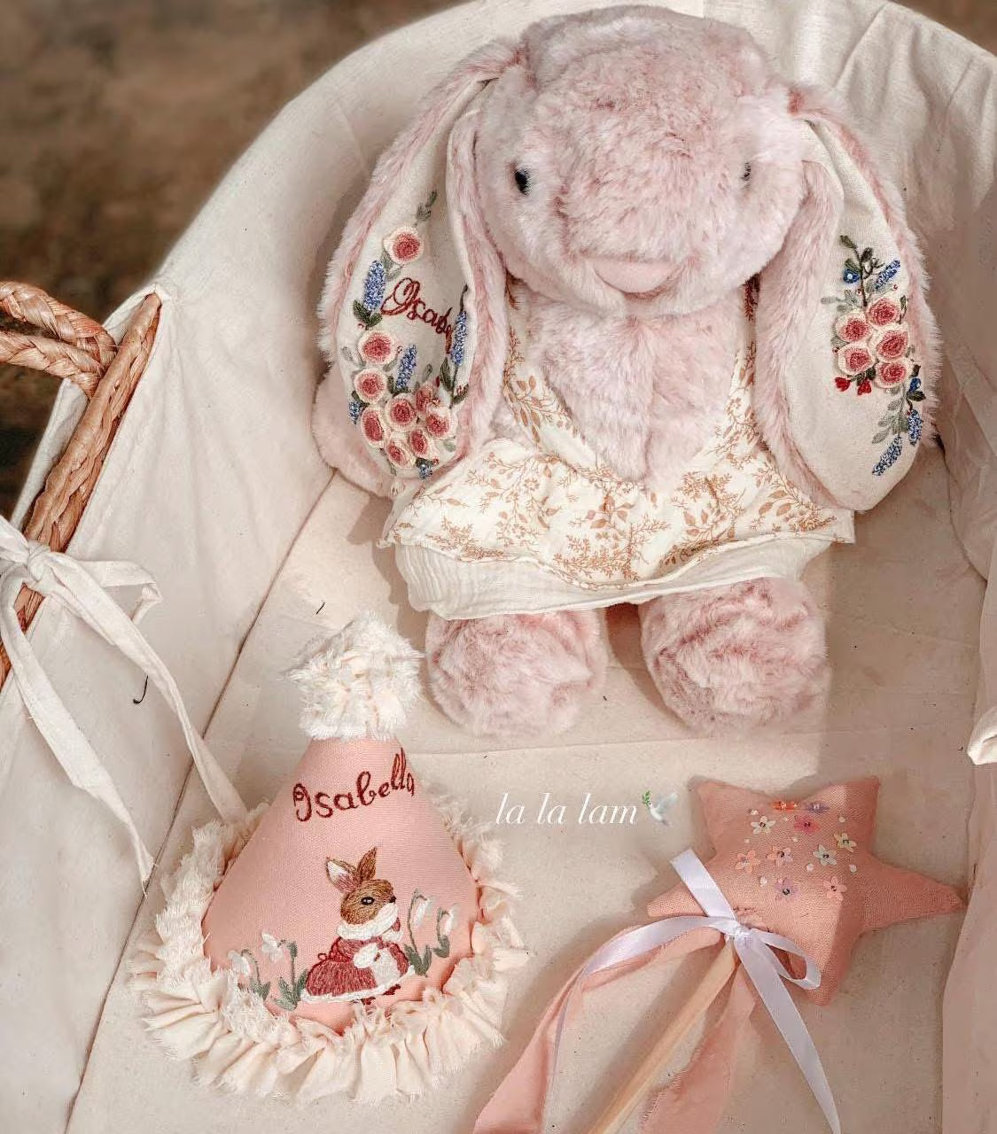 Personalized Baby Girl Gift Set: Embroidered Bunny, Birthday Hat, Fairy Wand